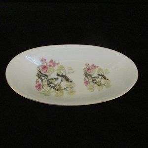Vintage Porcelain Oval Dish Birds Cherry Blossoms